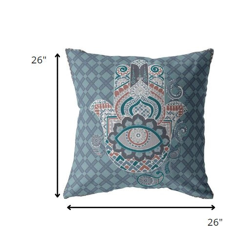 18” Slate Blue Hamsa Indoor Outdoor Zippered Throw Pillow