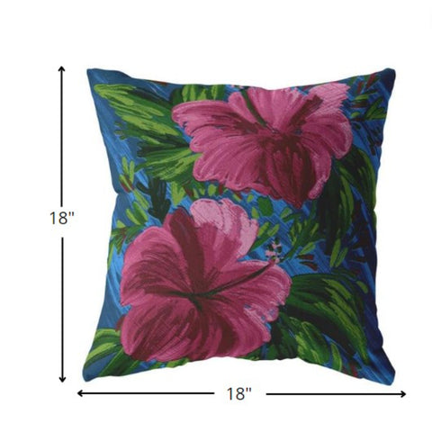 18” Pink Blue Hibiscus Indoor Outdoor Zippered Throw Pillow