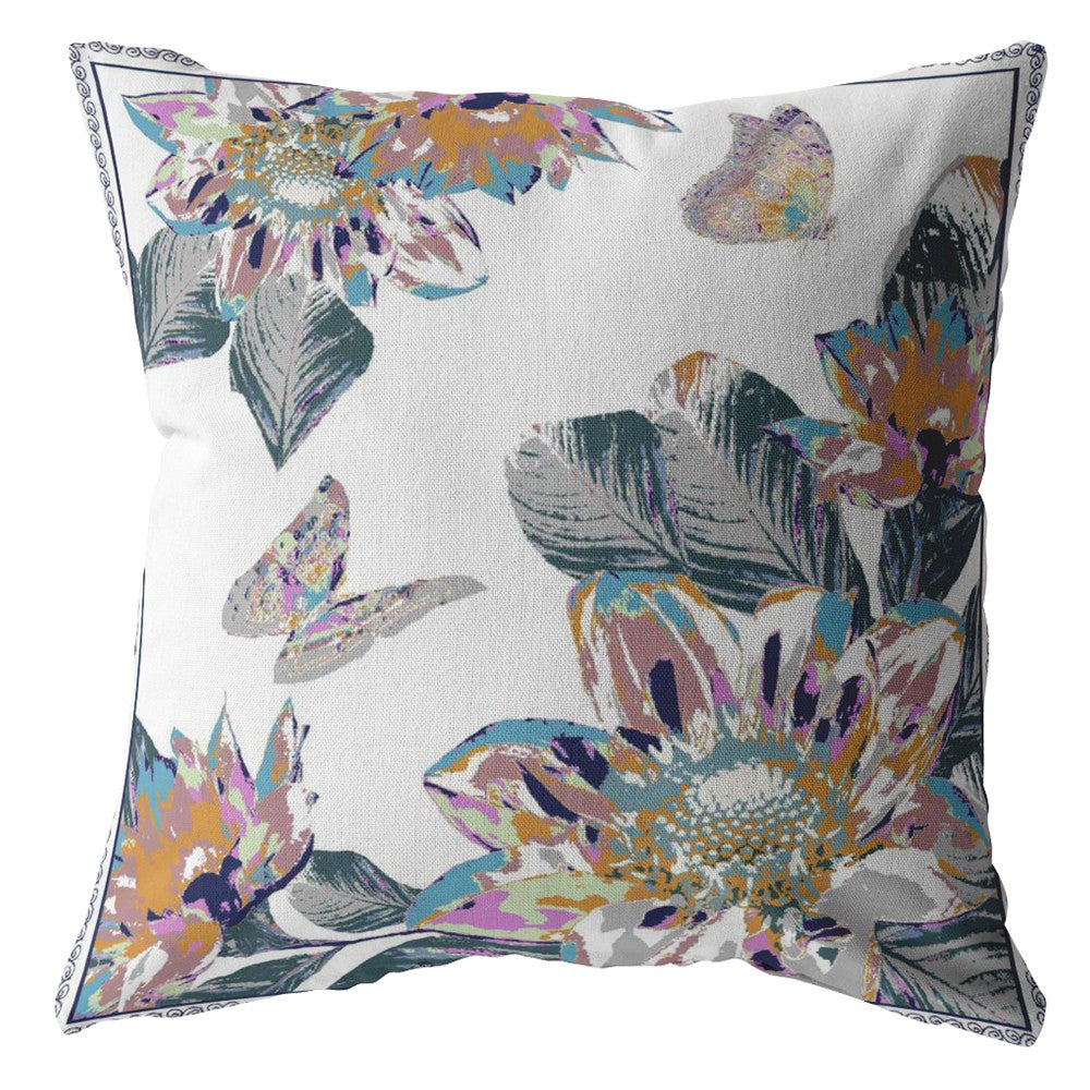 16” Pink White Butterfly Indoor Outdoor Zippered Throw Pillow