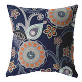 16” Indigo Orange Floral Indoor Outdoor Zippered Throw Pillow