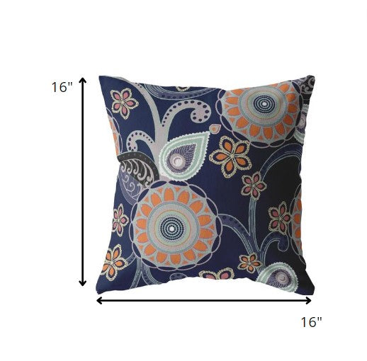 16” Indigo Orange Floral Indoor Outdoor Zippered Throw Pillow