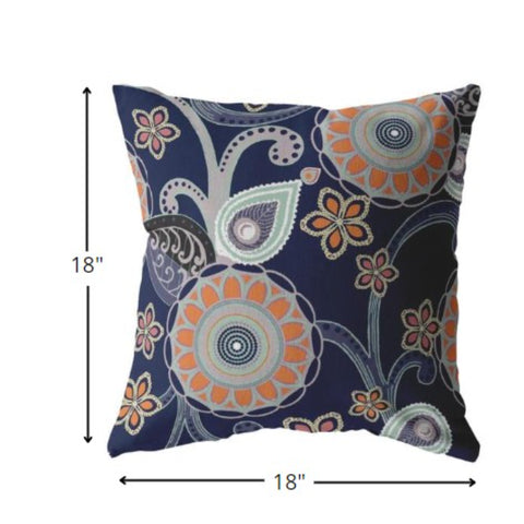 18” Indigo Orange Floral Indoor Outdoor Zippered Throw Pillow