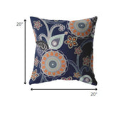 18” Indigo Orange Floral Indoor Outdoor Zippered Throw Pillow