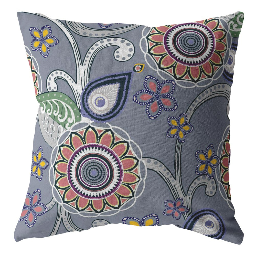 16” Gray Pink Floral Indoor Outdoor Zippered Throw Pillow