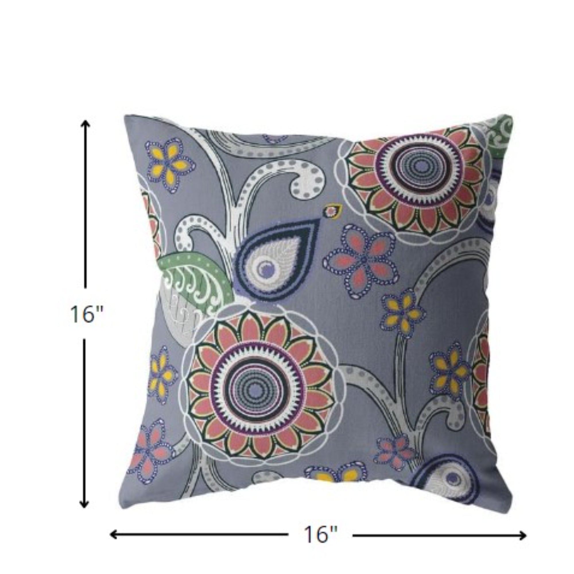 16” Gray Pink Floral Indoor Outdoor Zippered Throw Pillow