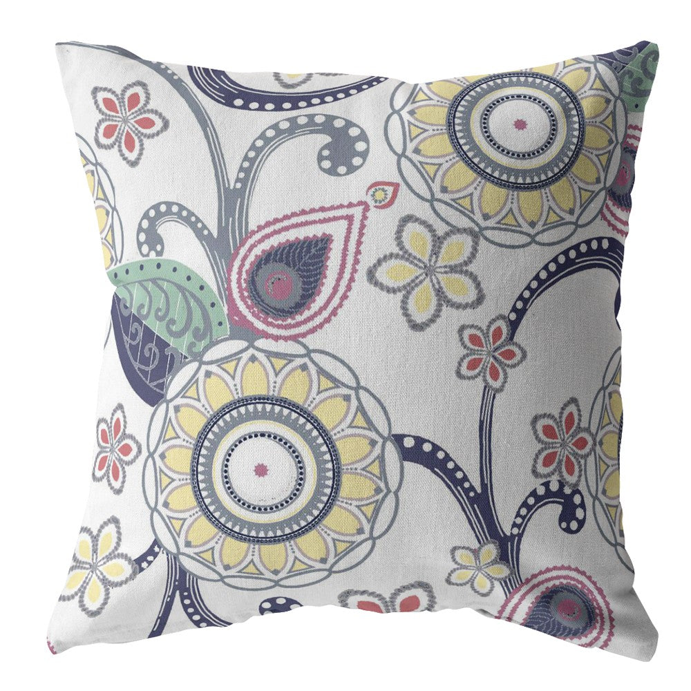 16” White Yellow Floral Indoor Outdoor Zippered Throw Pillow