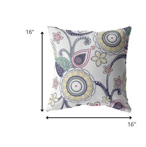 16” White Yellow Floral Indoor Outdoor Zippered Throw Pillow