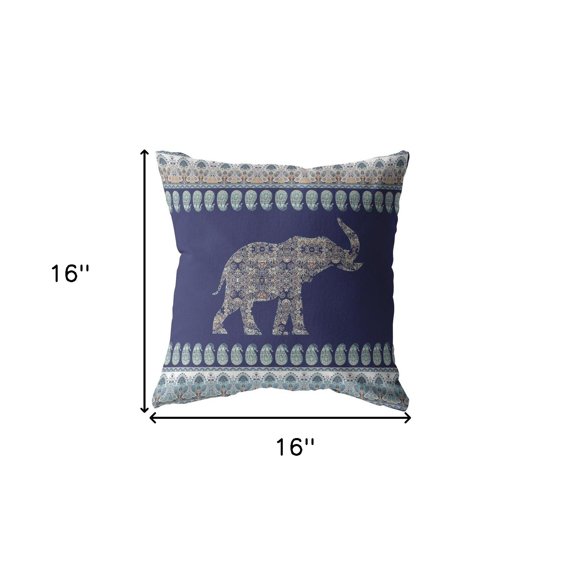 16” Navy Ornate Elephant Indoor Outdoor Zippered Throw Pillow