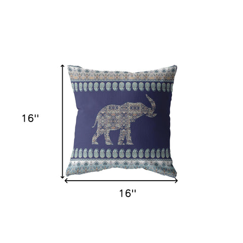 16” Navy Ornate Elephant Indoor Outdoor Zippered Throw Pillow