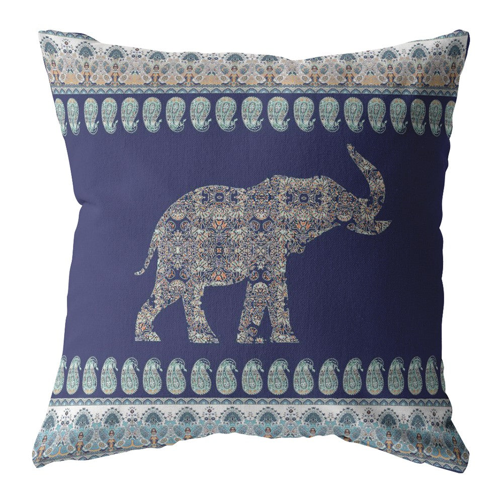 18” Navy Ornate Elephant Indoor Outdoor Zippered Throw Pillow