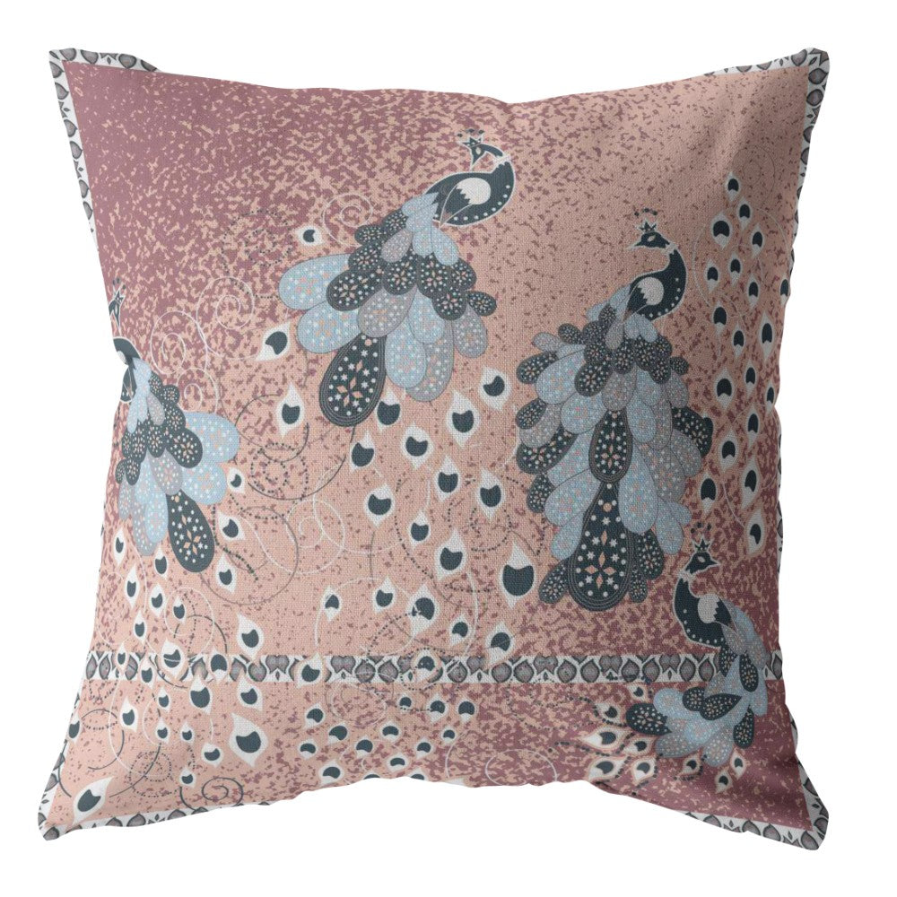 16” Dusty Pink Boho Bird Indoor Outdoor Zippered Throw Pillow