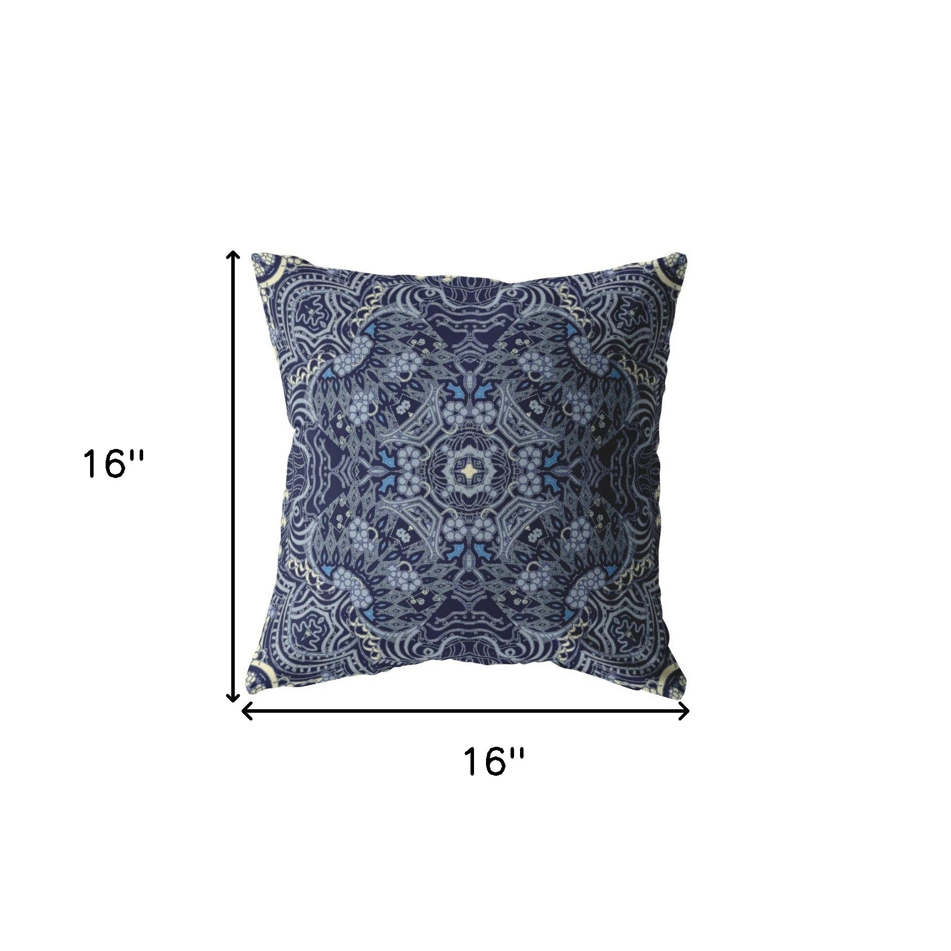 16” Indigo Boho Ornate Indoor Outdoor Zippered Throw Pillow