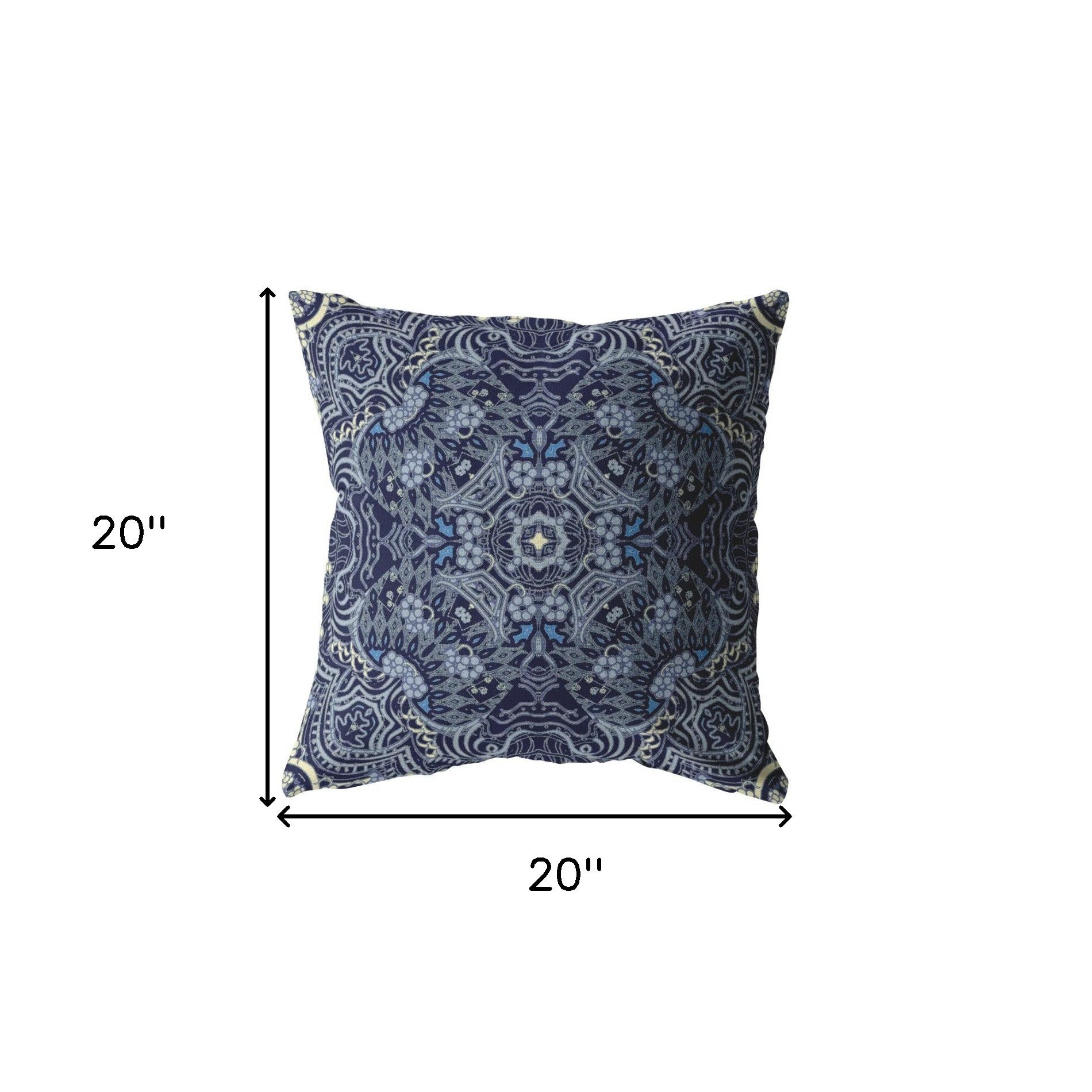 20” Indigo Boho Ornate Indoor Outdoor Zippered Throw Pillow