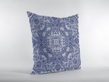 16” Indigo White Boho Ornate Indoor Outdoor Zippered Throw Pillow