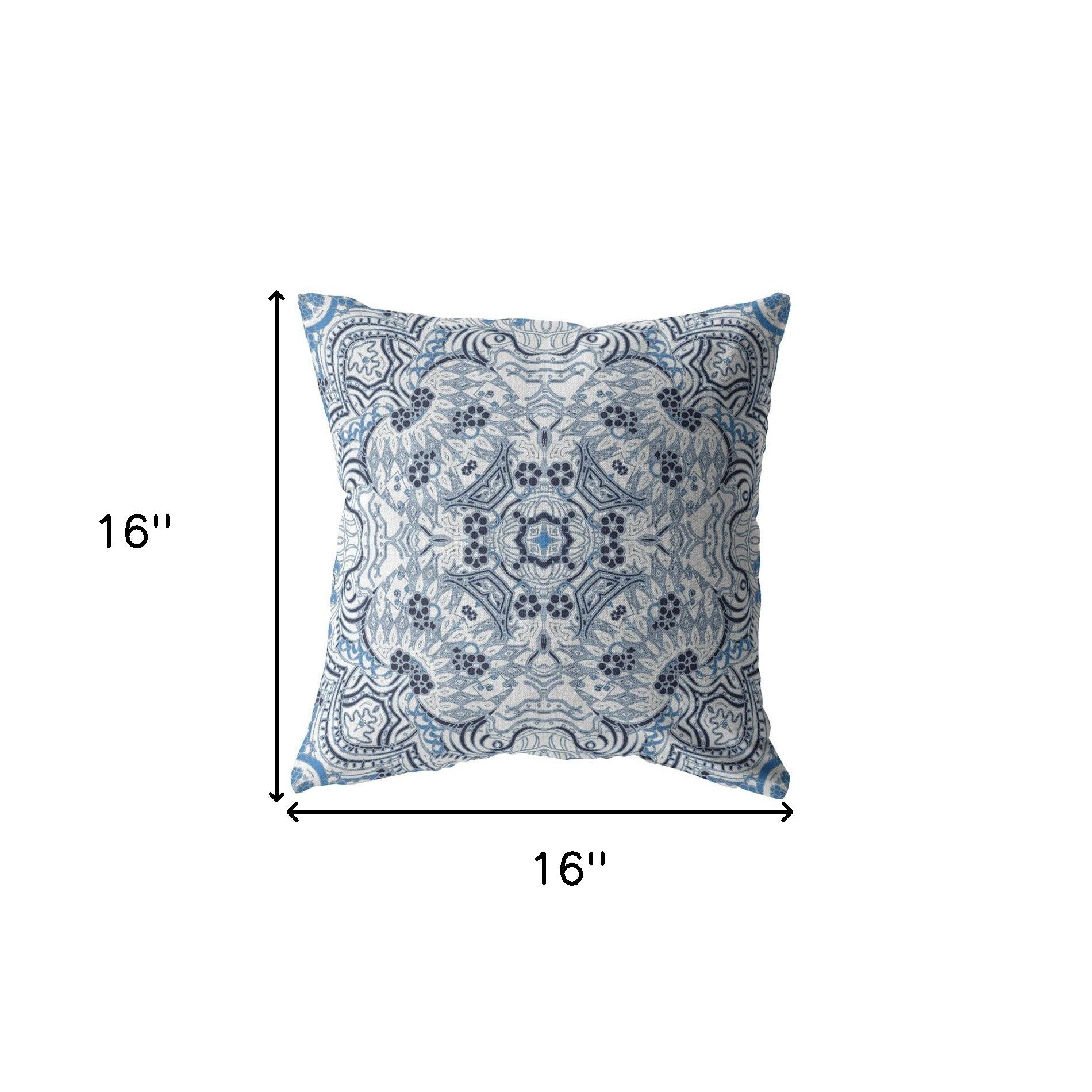 16” Light Blue Boho Ornate Indoor Outdoor Zippered Throw Pillow