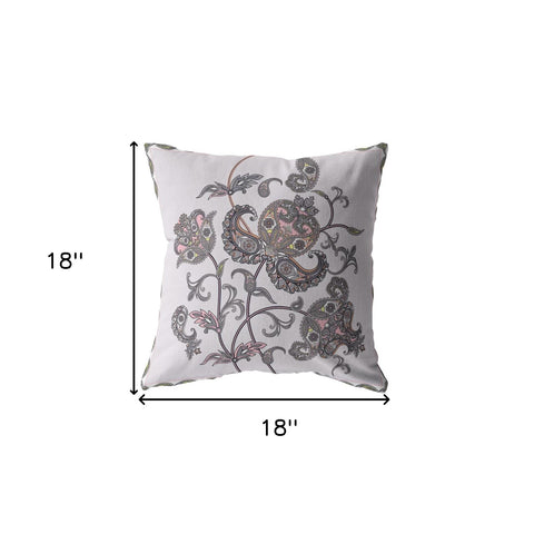 18” Gray White Wildflower Indoor Outdoor Zippered Throw Pillow