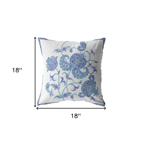 18” Blue White Wildflower Indoor Outdoor Zippered Throw Pillow