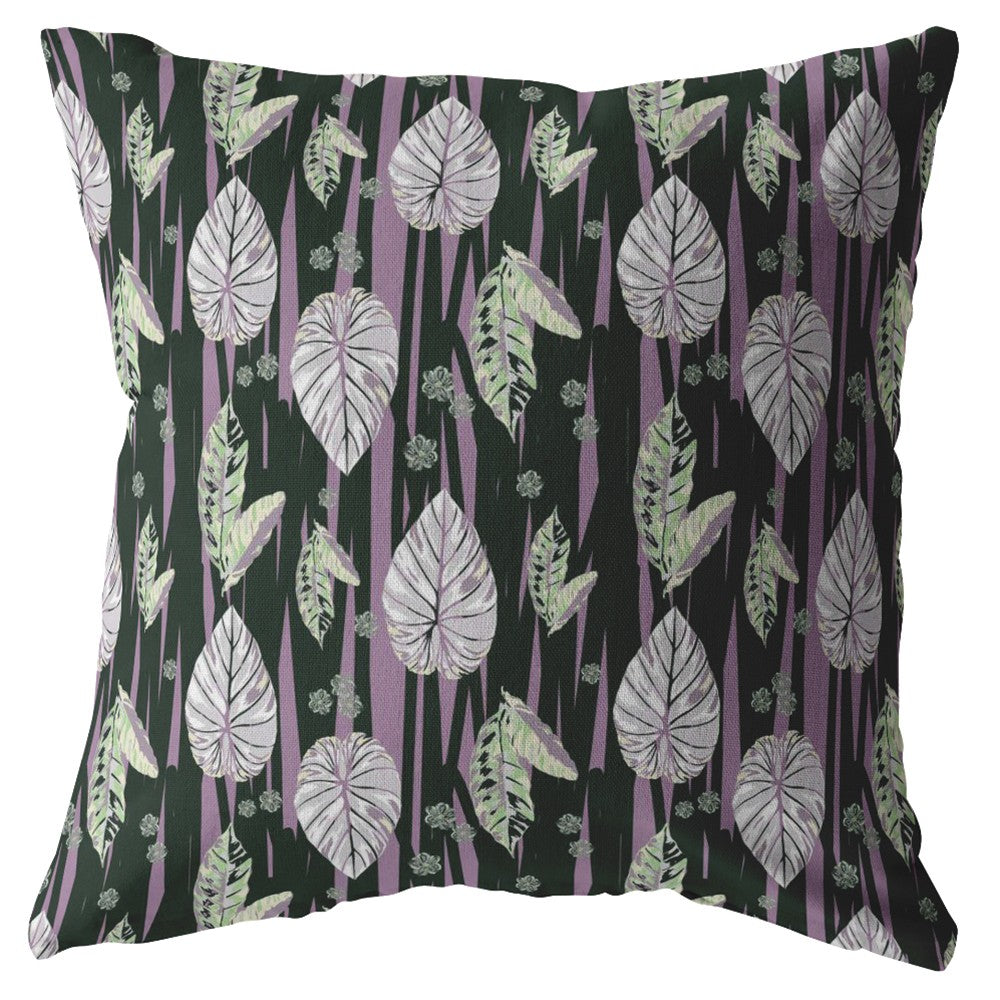 16” Black Purple Fall Leaves Indoor Outdoor Zippered Throw Pillow