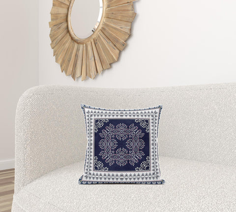 18" X 18" Blue And White Zippered Geometric Indoor Outdoor Throw Pillow