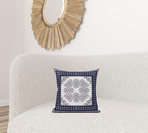 16" X 16" Cream And Blue Zippered Geometric Indoor Outdoor Throw Pillow