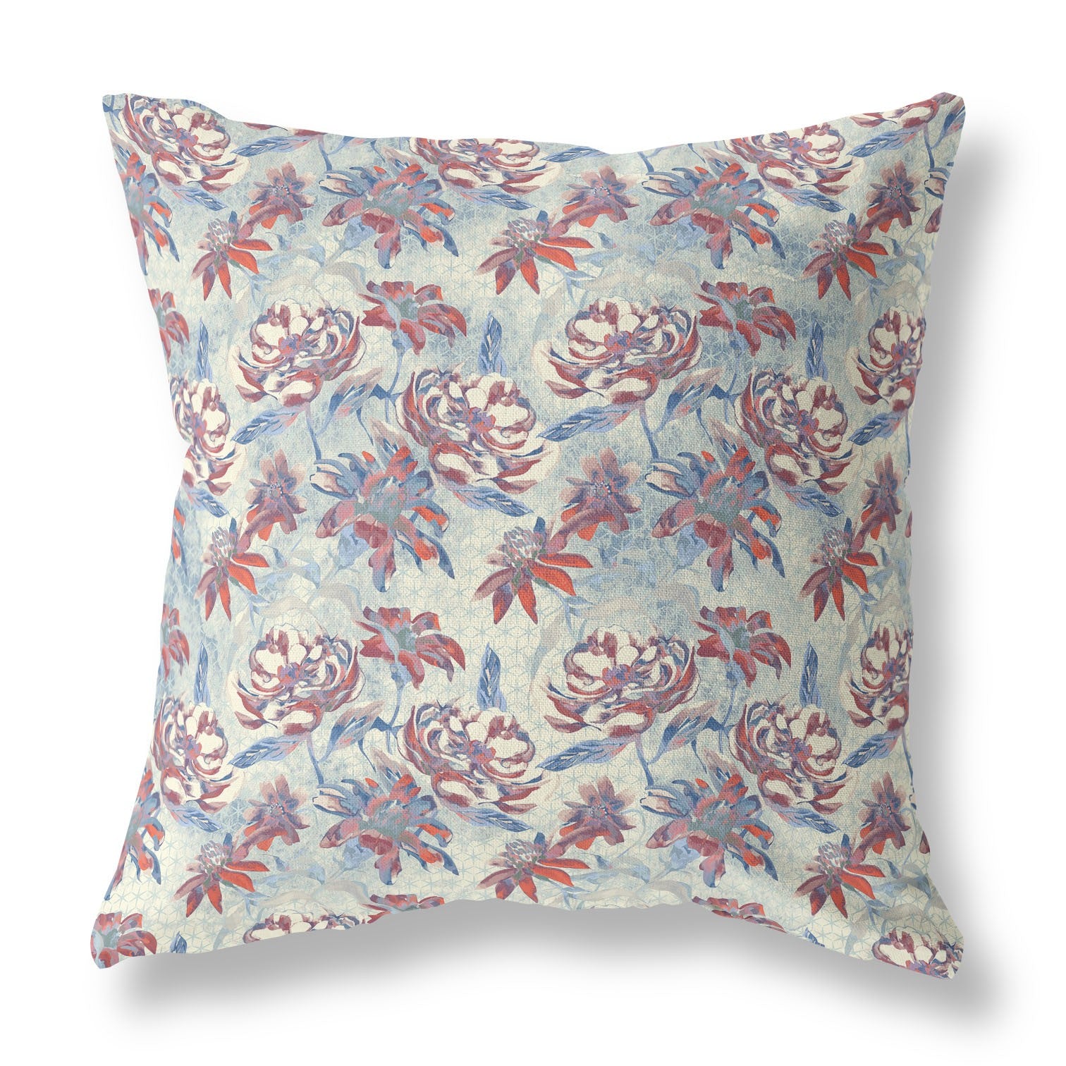 18” Red Blue Roses Indoor Outdoor Throw Pillow