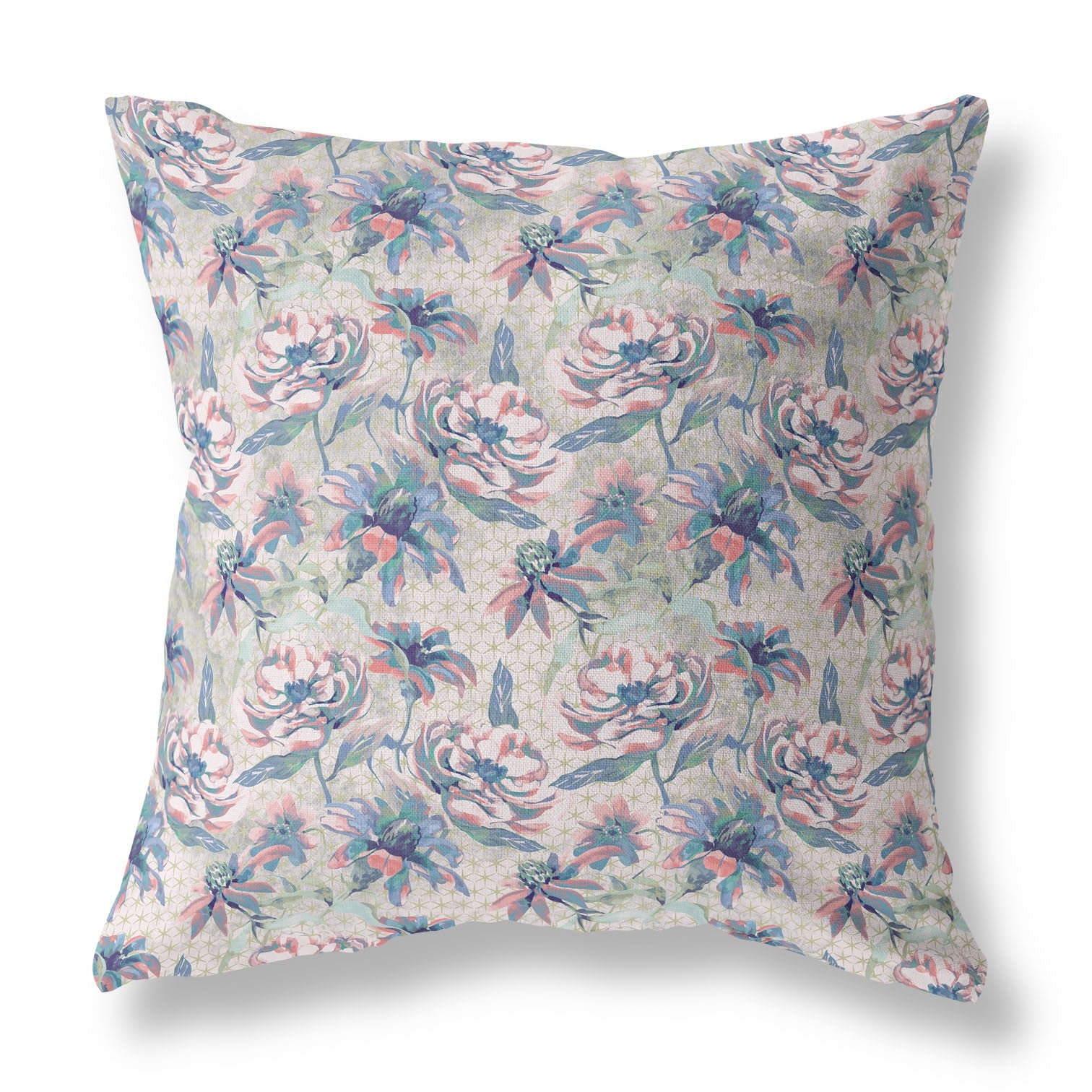 16” Blue Pink Roses Indoor Outdoor Throw Pillow