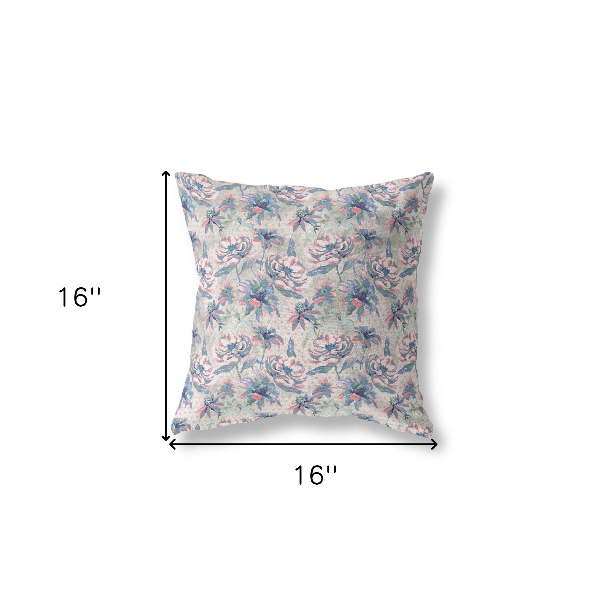 16” Blue Pink Roses Indoor Outdoor Throw Pillow