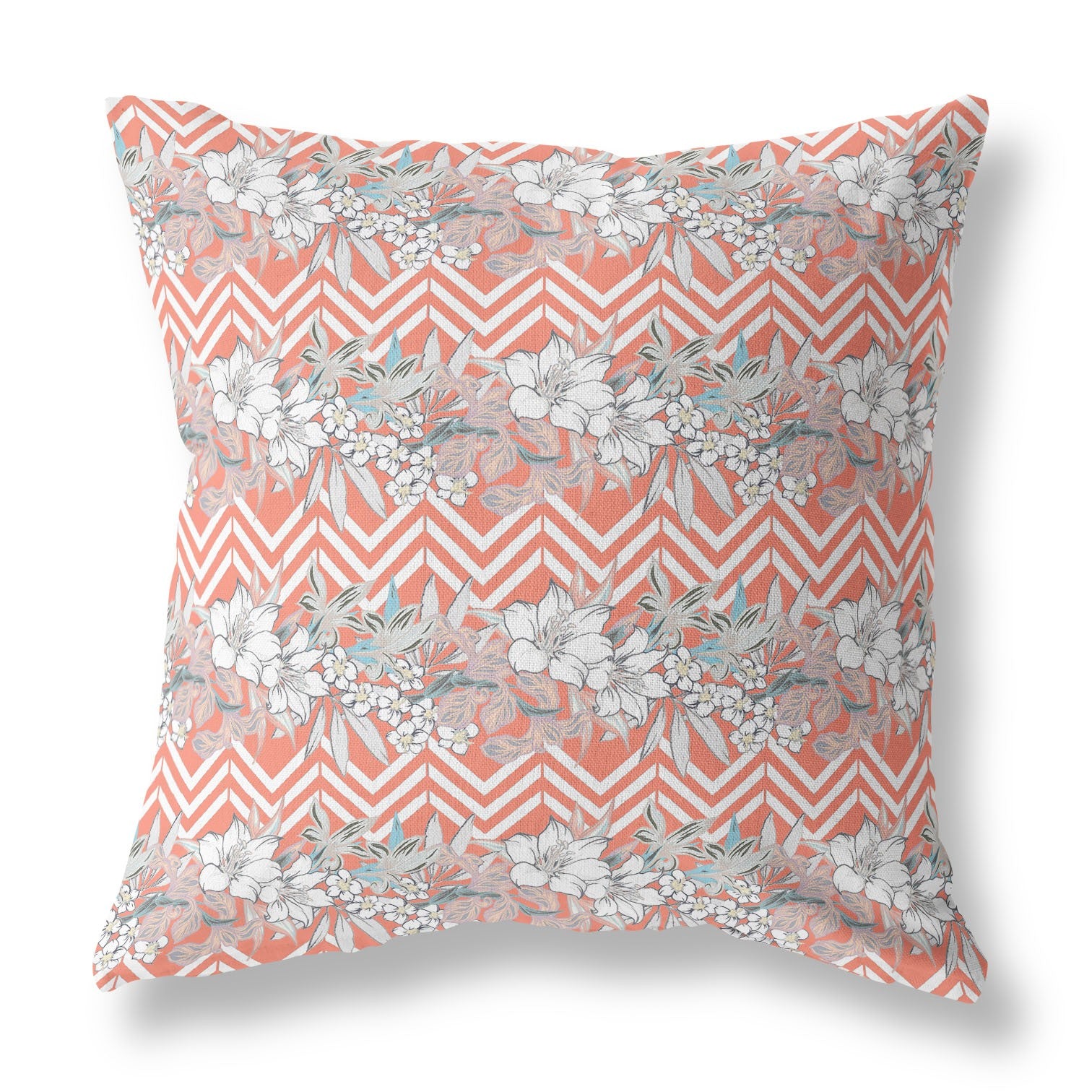 16" X 16" Peach And Peach Blown Seam Floral Indoor Outdoor Throw Pillow