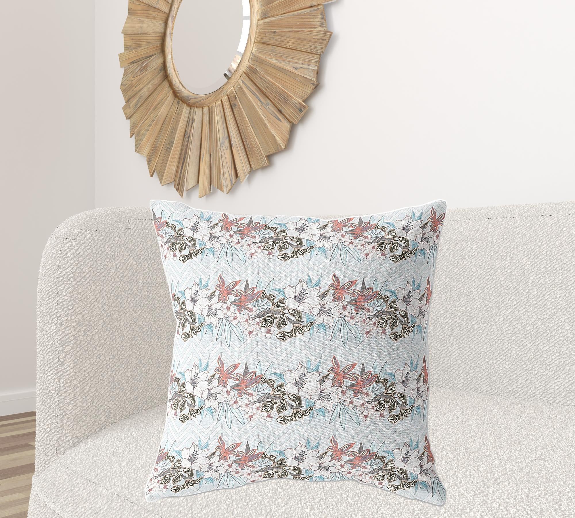 18" X 18" Light Blue Blown Seam Floral Indoor Outdoor Throw Pillow