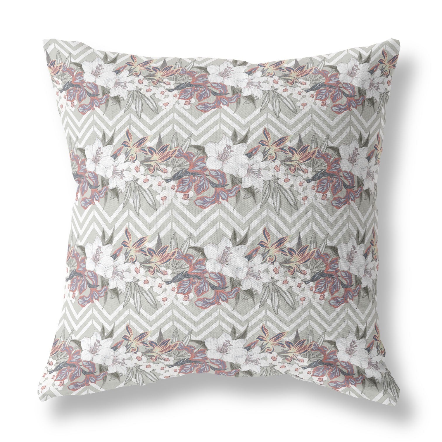 16" X 16" Grey And Pink Blown Seam Floral Indoor Outdoor Throw Pillow