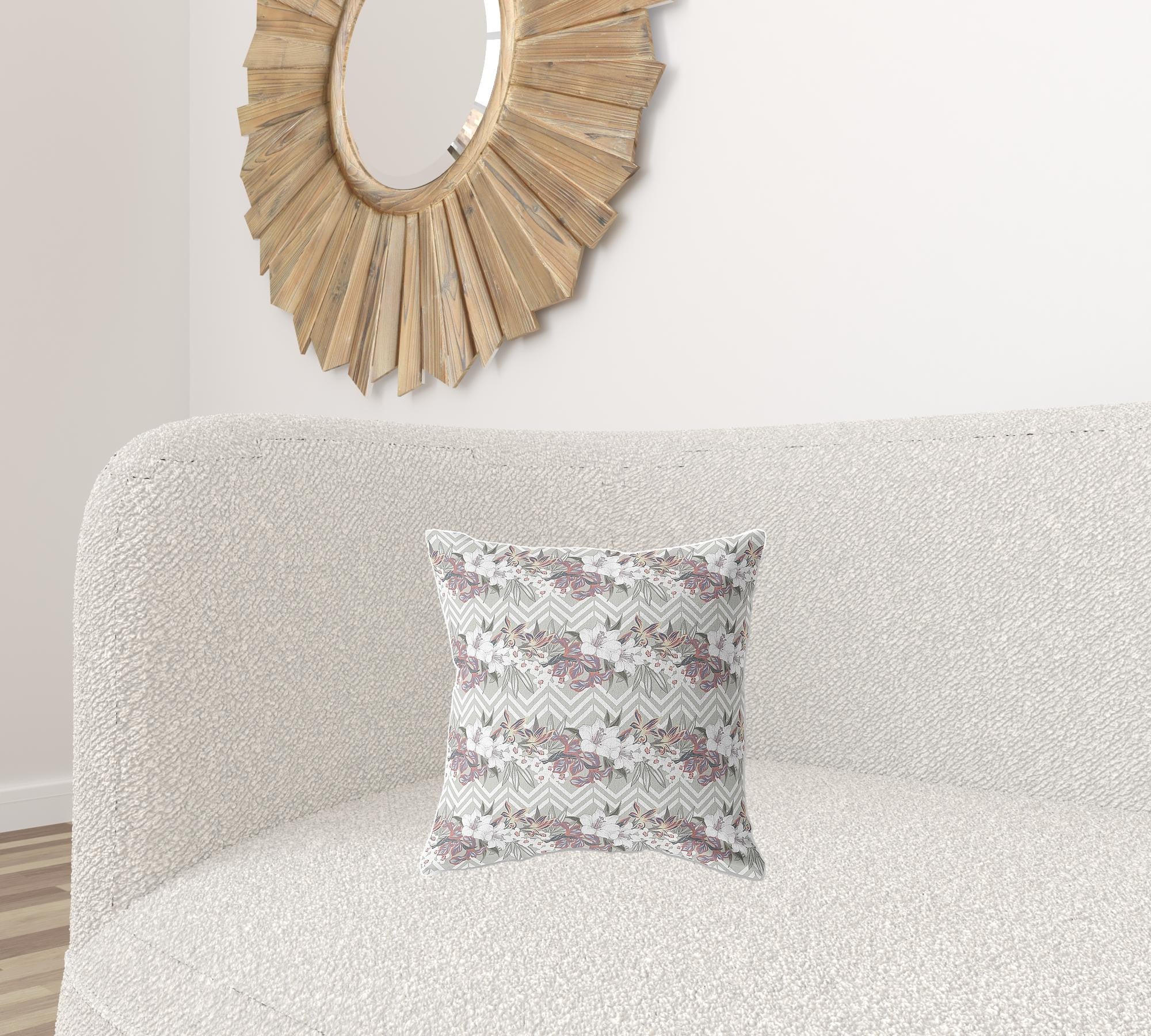 16" X 16" Grey And Pink Blown Seam Floral Indoor Outdoor Throw Pillow