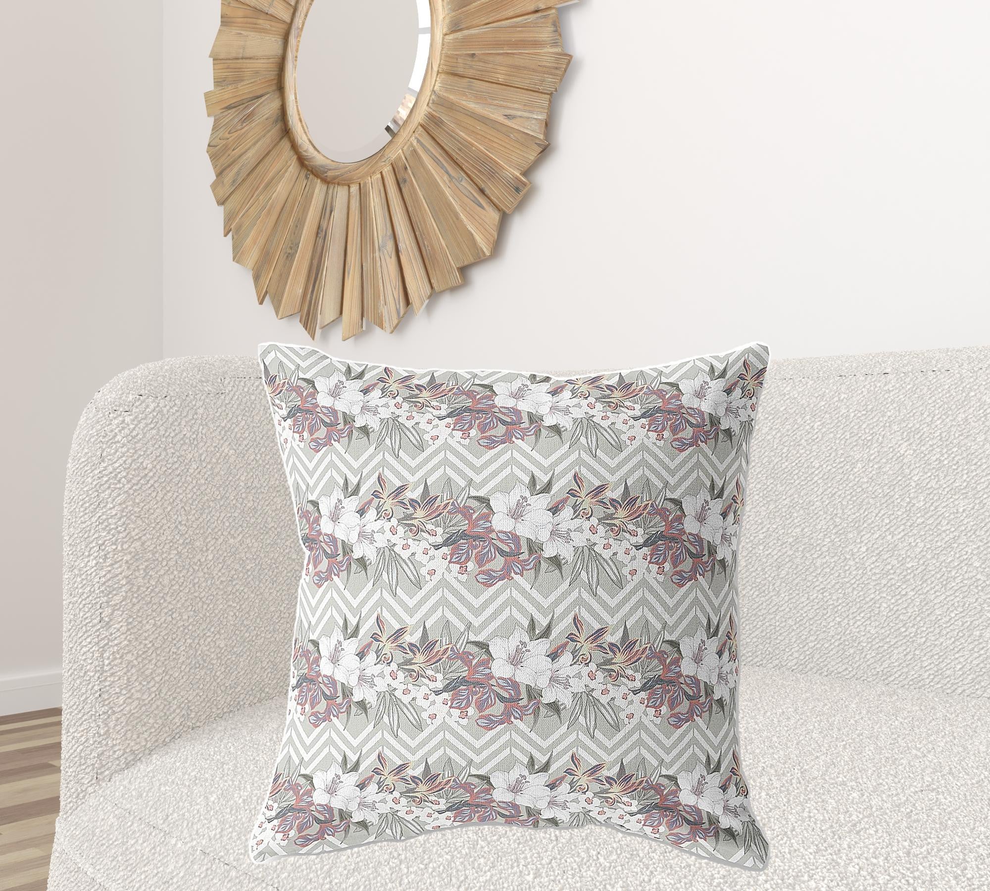 18" X 18" Grey And Pink Blown Seam Floral Indoor Outdoor Throw Pillow