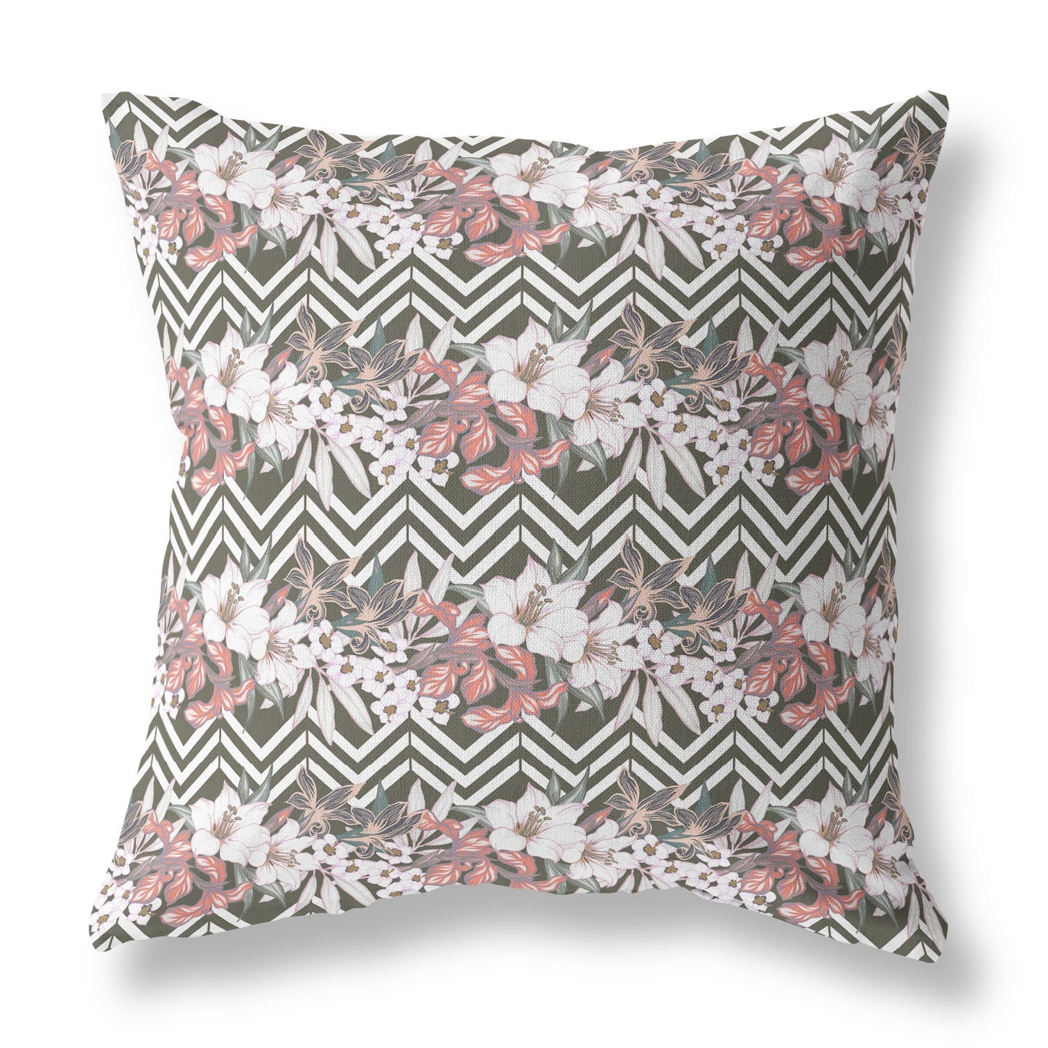 16" X 16" Brown And Pink Blown Seam Floral Indoor Outdoor Throw Pillow