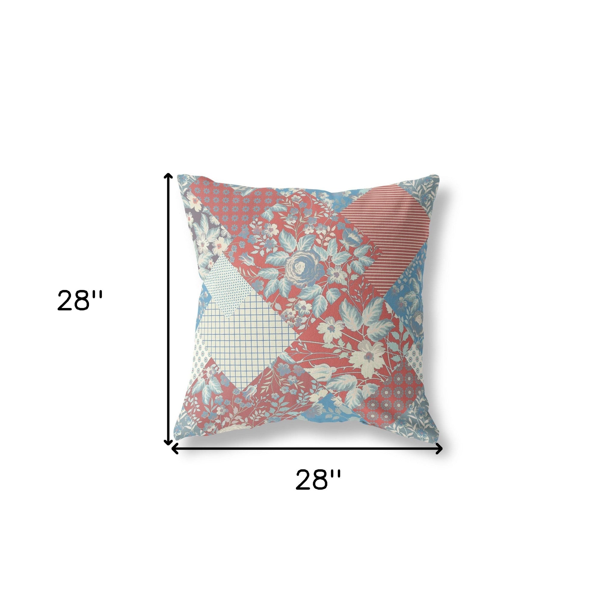 18" Red Blue Boho Floral Indoor Outdoor Throw Pillow