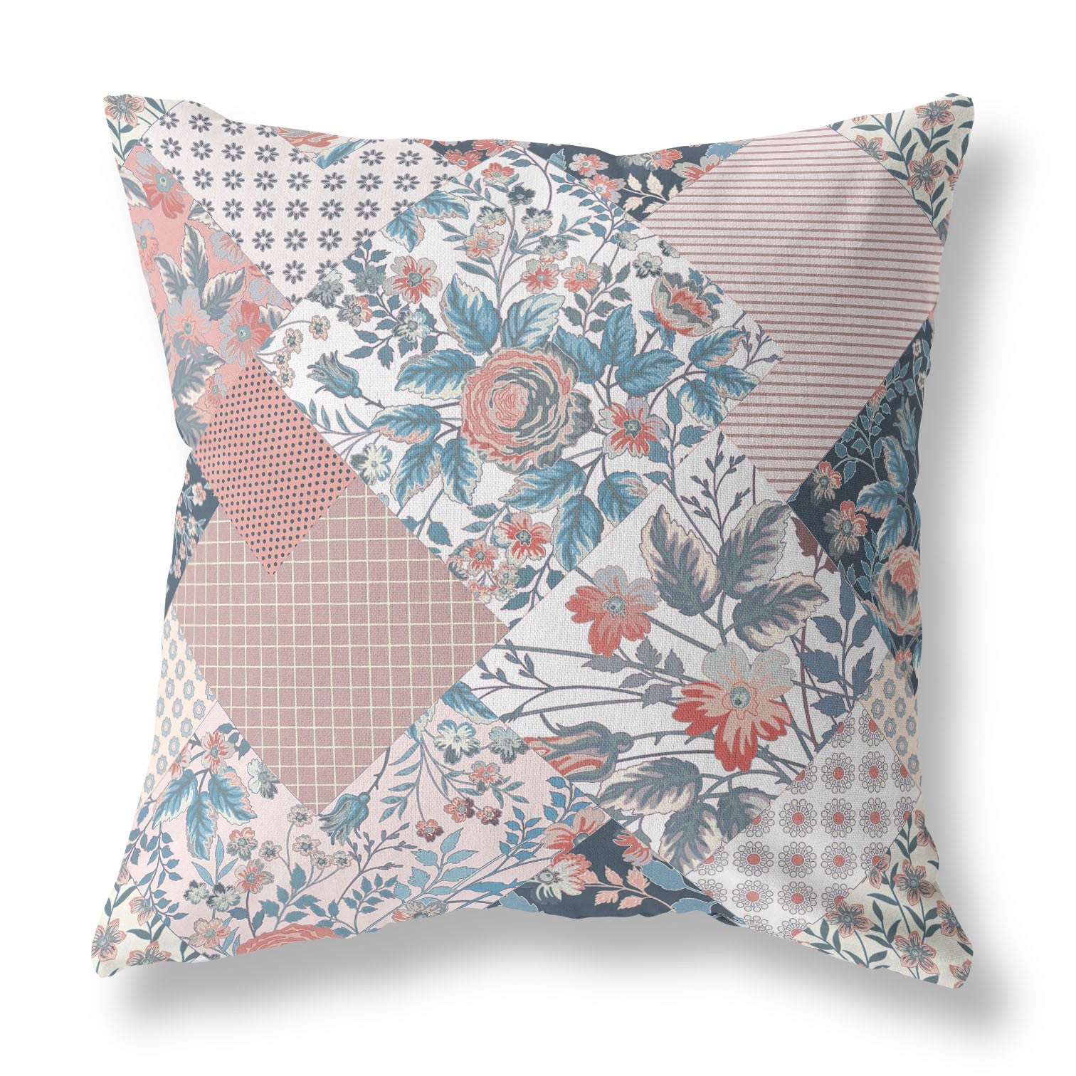 16" Pink Blue Boho Floral Indoor Outdoor Throw Pillow