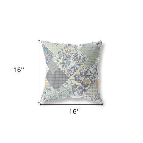 16" Gray Cream Boho Floral Indoor Outdoor Throw Pillow