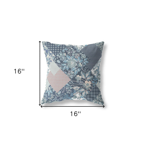 16" Blue White Boho Floral Indoor Outdoor Throw Pillow