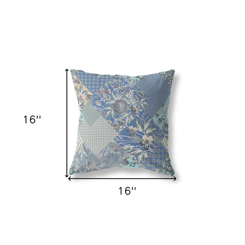 16" Gray Blue Boho Floral Indoor Outdoor Throw Pillow