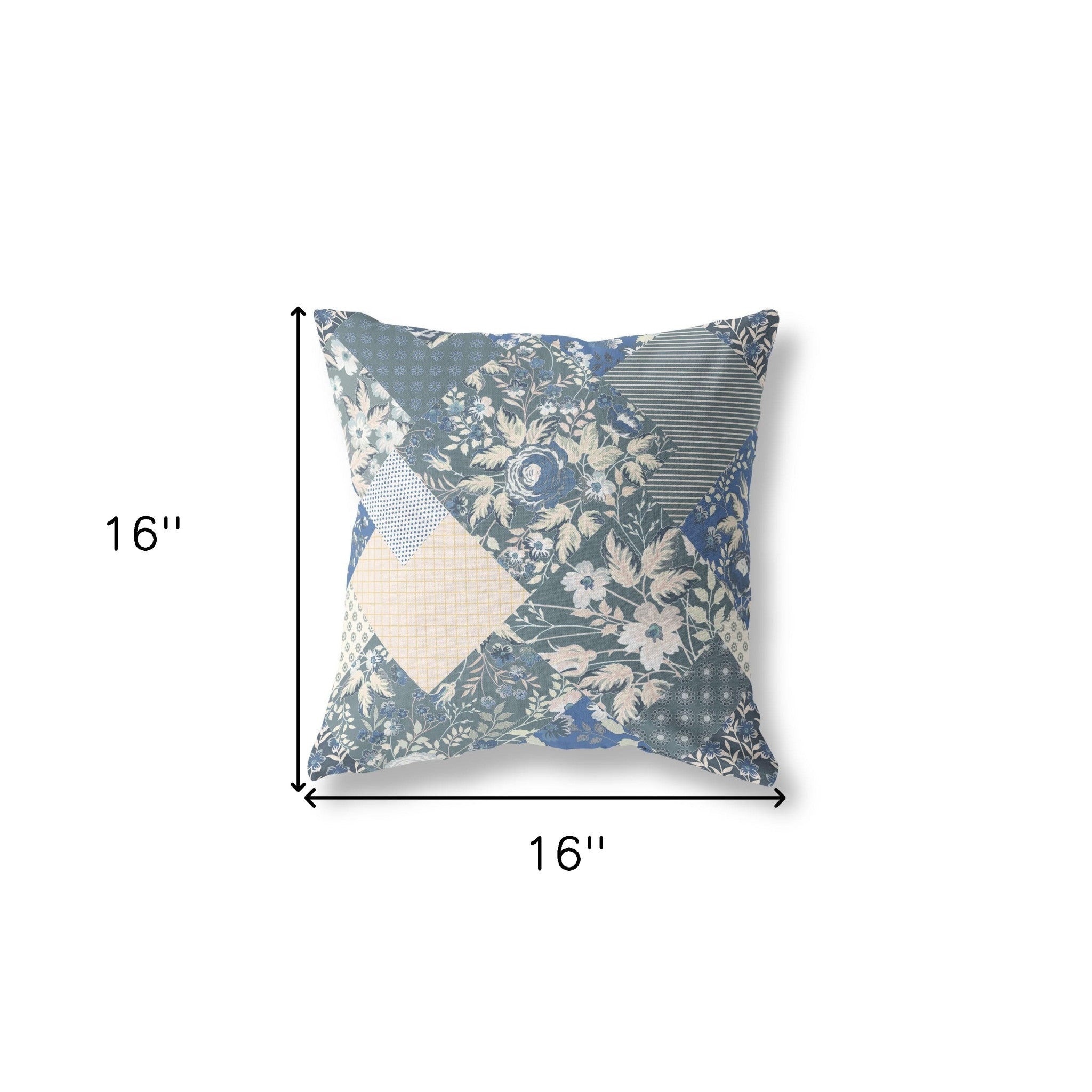 16" Gray Blue Boho Floral Indoor Outdoor Throw Pillow