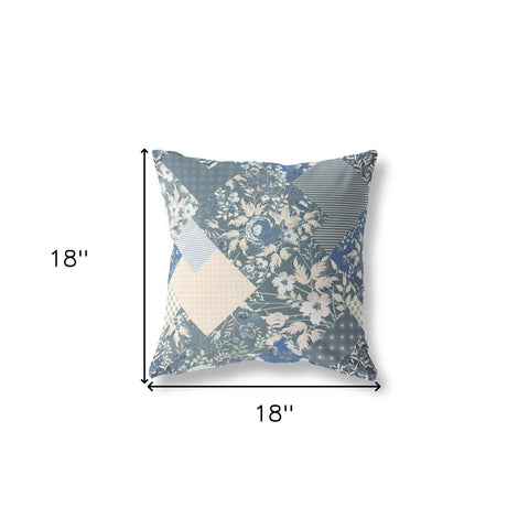 18" Gray Blue Boho Floral Indoor Outdoor Throw Pillow