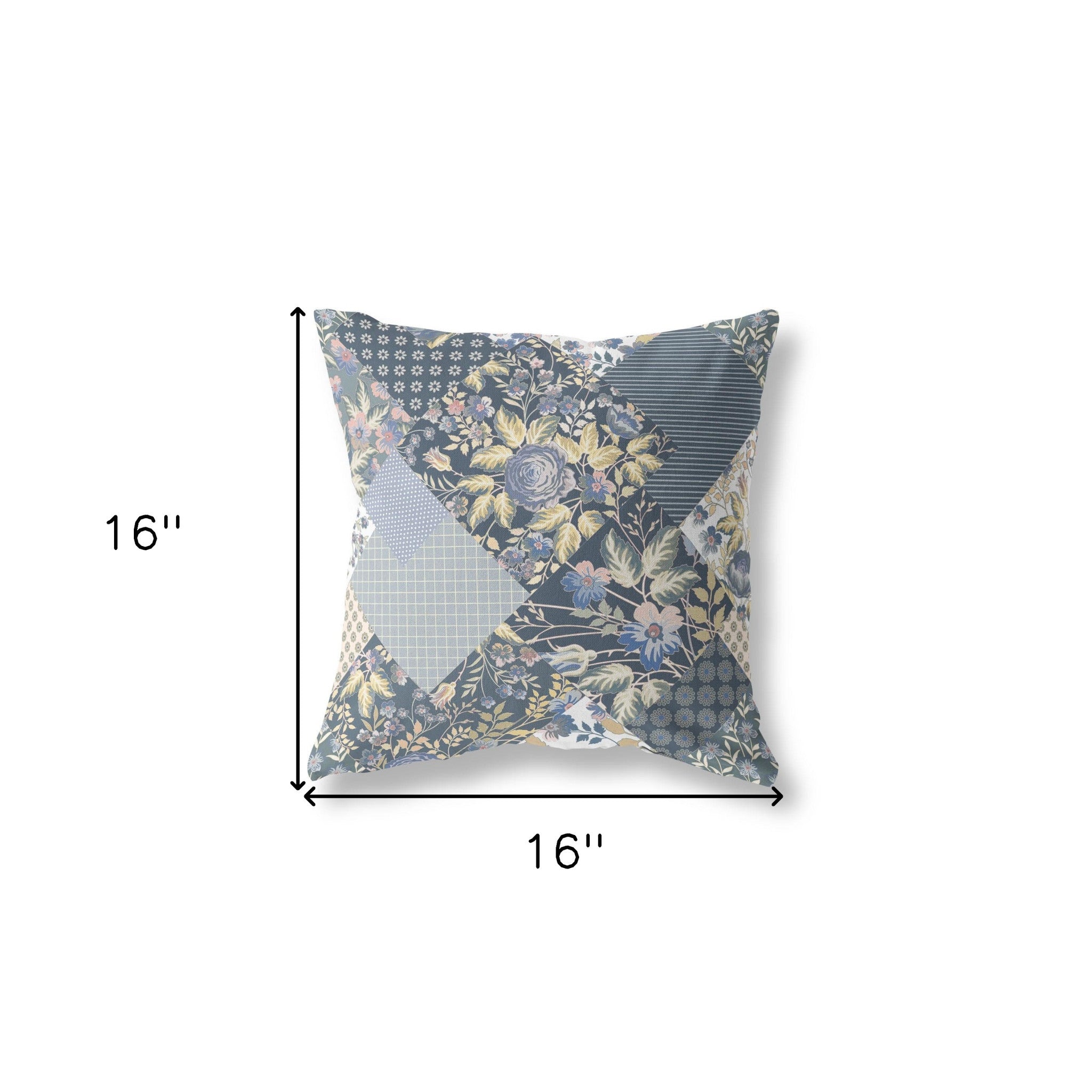 16" Blue Yellow Boho Floral Indoor Outdoor Throw Pillow