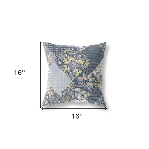 16" Blue Yellow Boho Floral Indoor Outdoor Throw Pillow