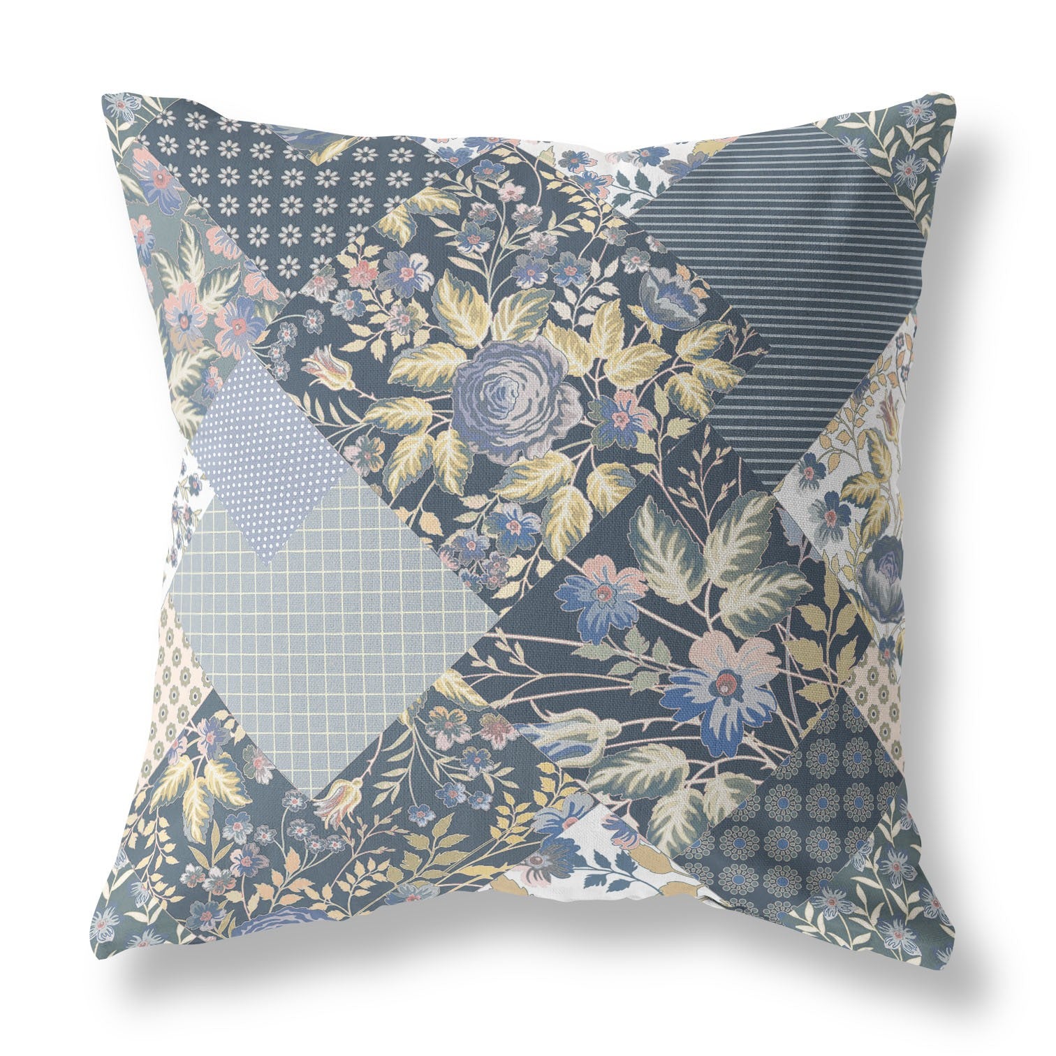 18" Blue Yellow Boho Floral Indoor Outdoor Throw Pillow