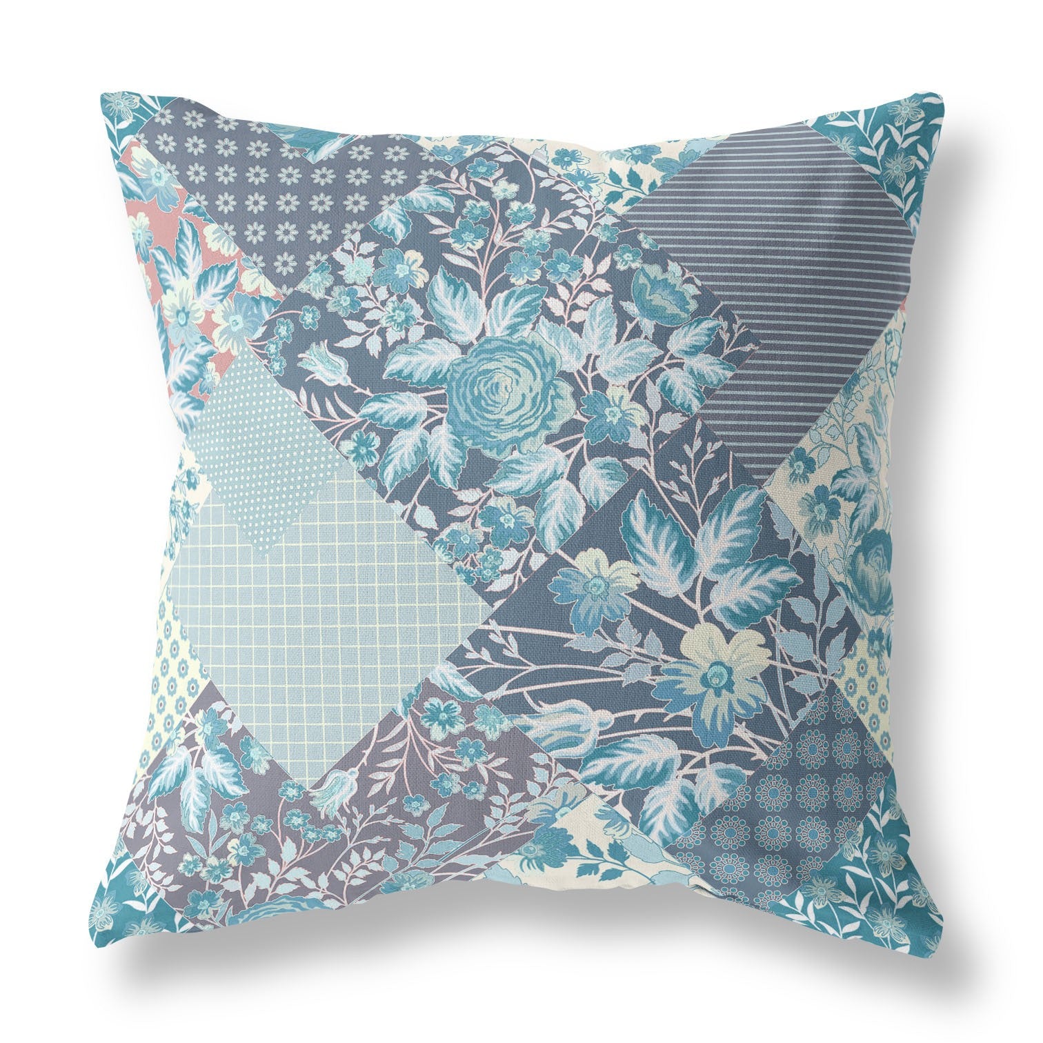 16" Aqua Navy Boho Floral Indoor Outdoor Throw Pillow