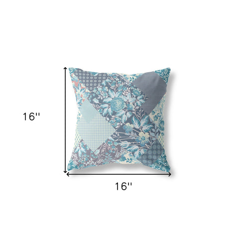 16" Aqua Navy Boho Floral Indoor Outdoor Throw Pillow