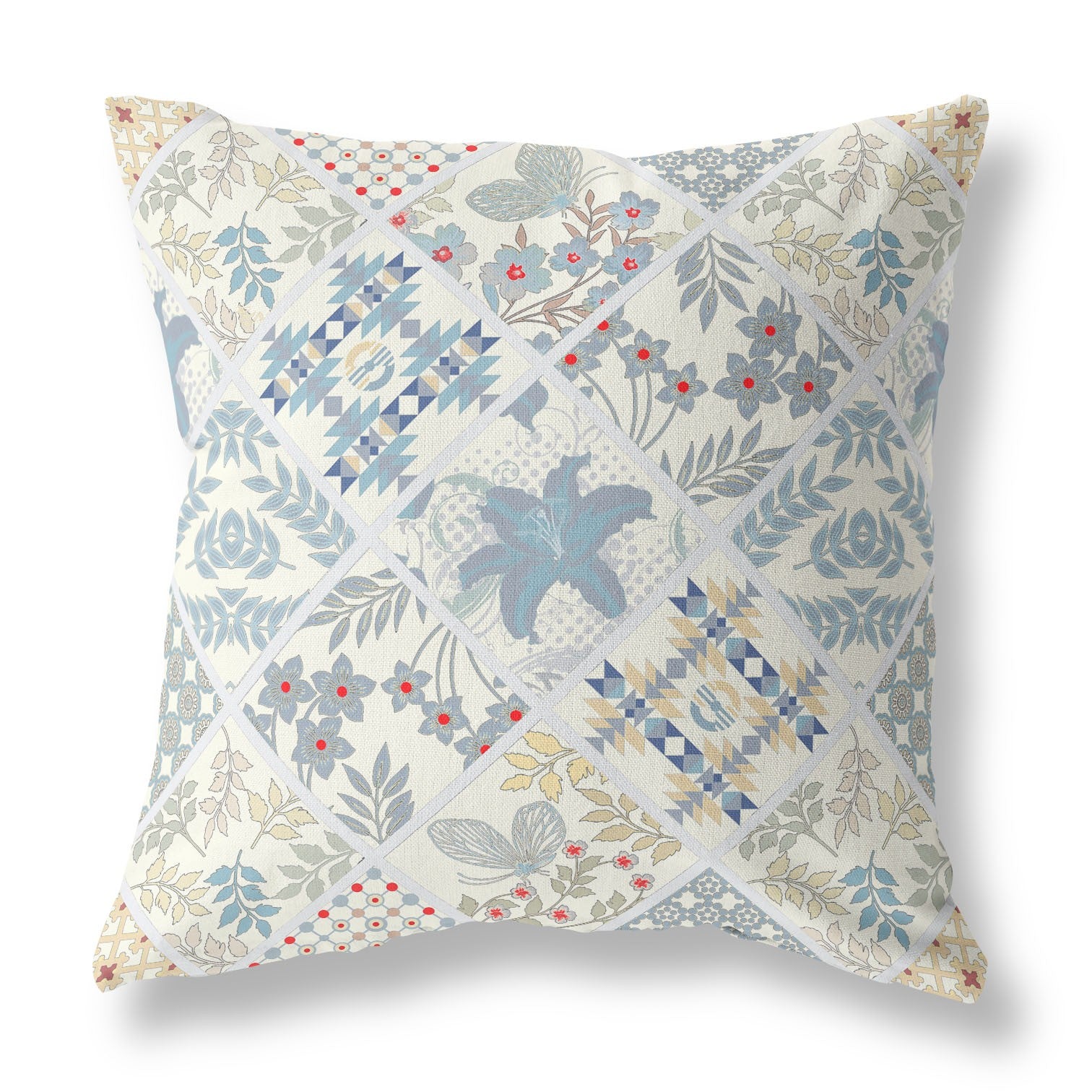 16” White Blue Patch Indoor Outdoor Throw Pillow