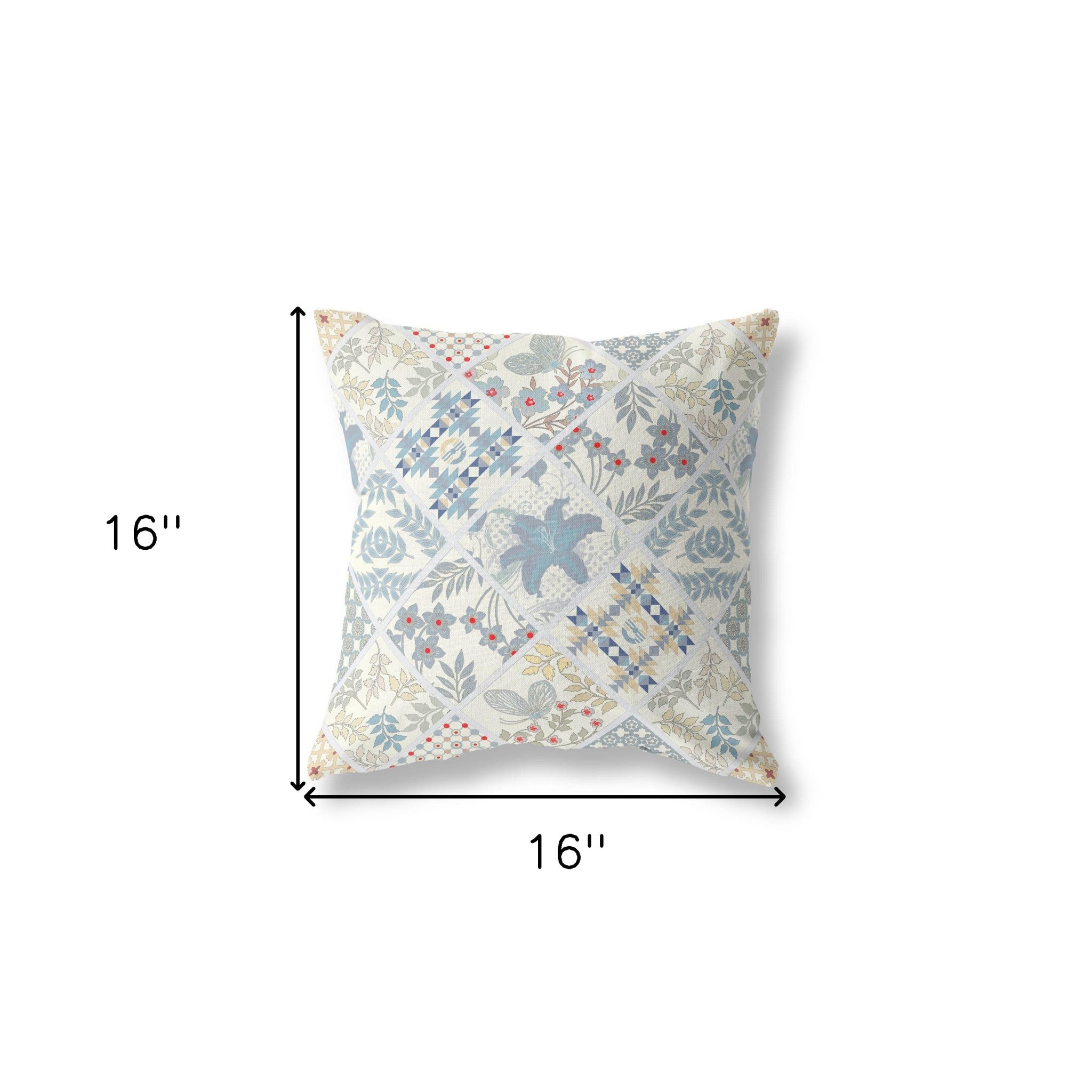 16” White Blue Patch Indoor Outdoor Throw Pillow