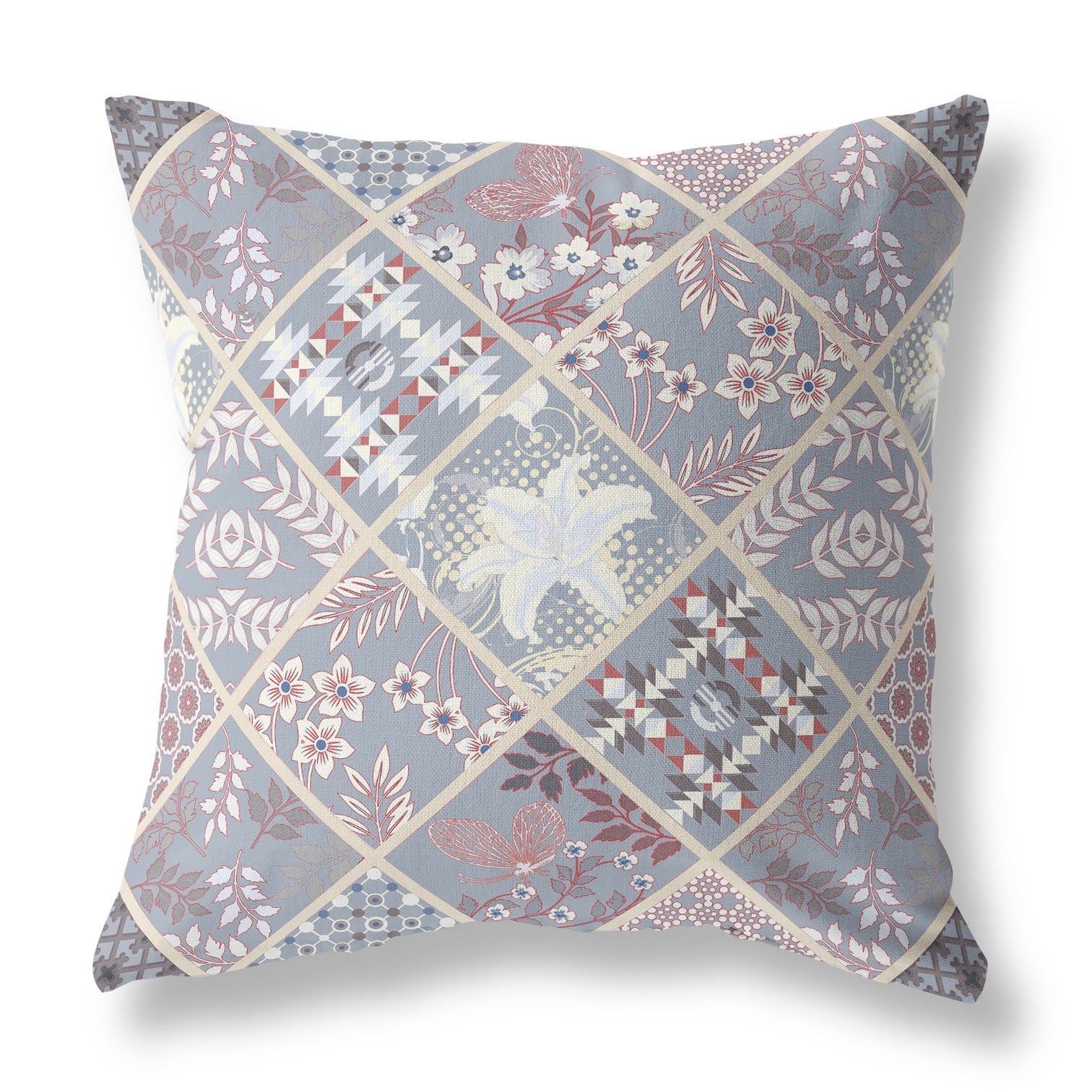 20” Gray Pink Patch Indoor Outdoor Throw Pillow