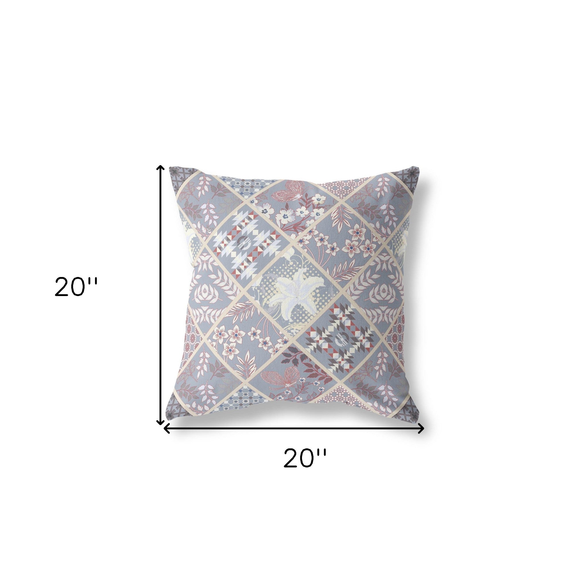 20” Gray Pink Patch Indoor Outdoor Throw Pillow