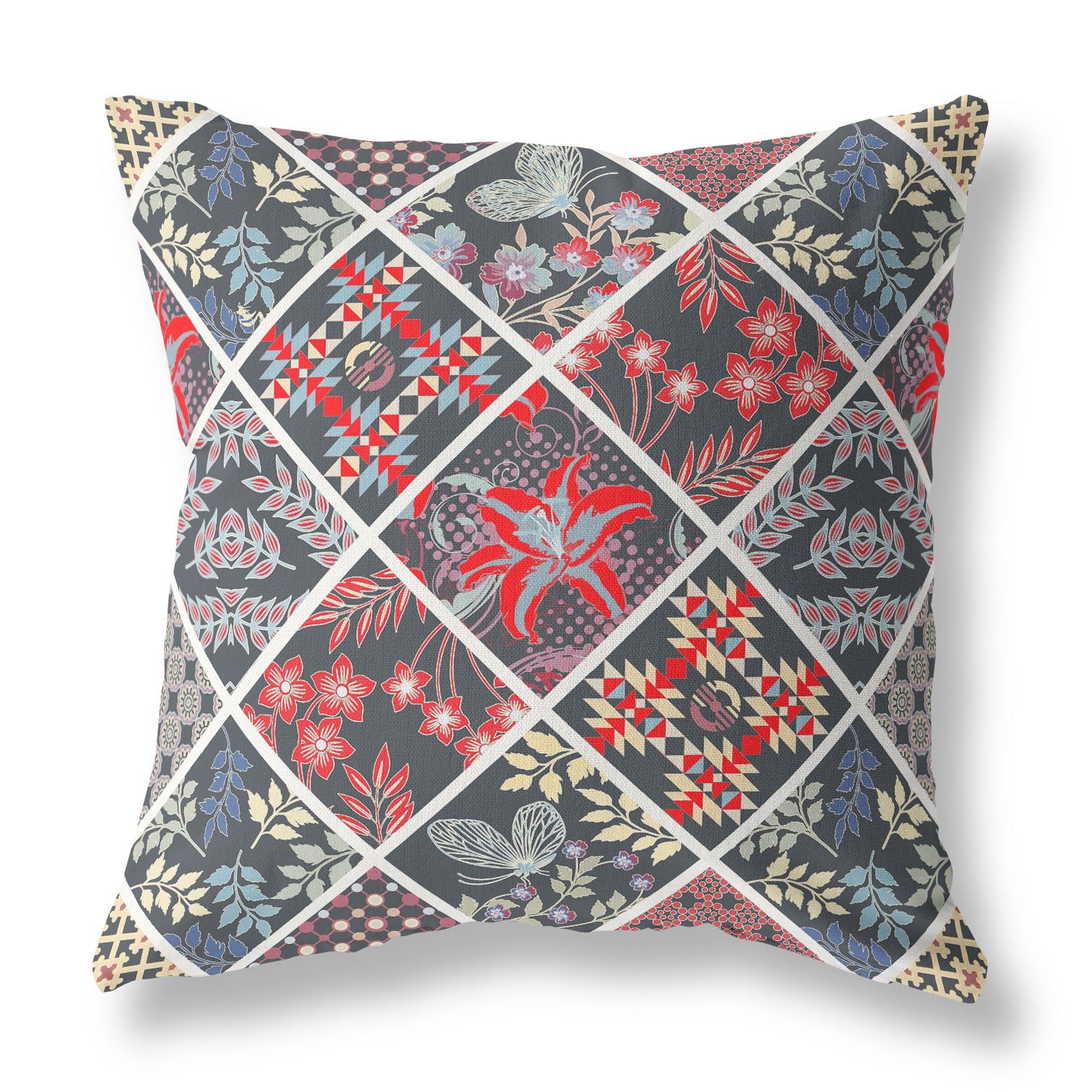 16” Black Red Patch Indoor Outdoor Throw Pillow